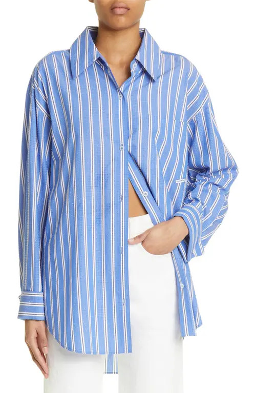 Alexander Wang Stripe Clear Crystal Beaded Button-Up Poplin Shirt in Blue/White at Nordstrom, Size S | Nordstrom