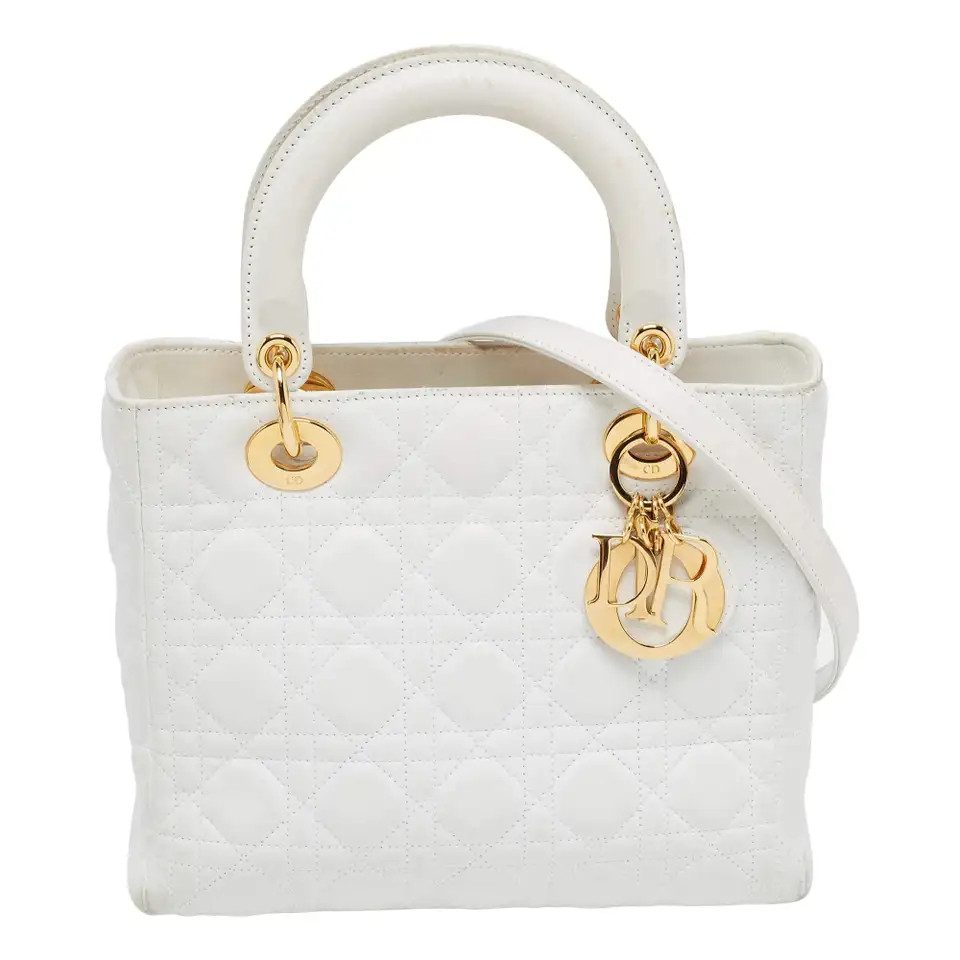Dior White Lambskin Leather Medium Lady Dior Tote Bag | 1stDibs