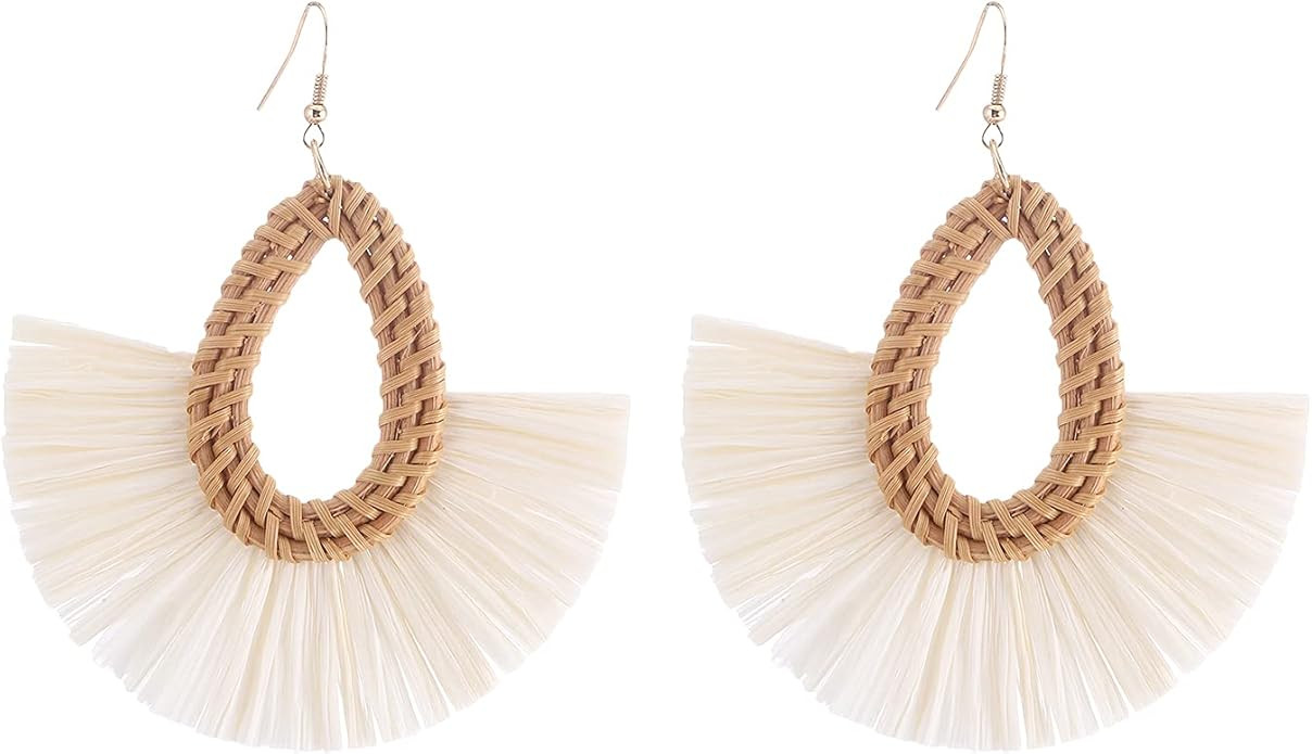 Ladies Handmade Rattan Earrings - Tassel A Type Straw Wicker Earrings Bohemian Geometry Earrings ... | Amazon (US)