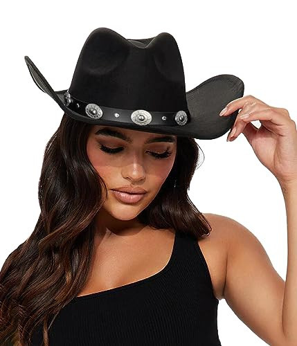 Womens Western Cowboy Hats Studded Pinched Western Cowgirl Hats Wide Brim Fedoras Hat with Belt Buckle (Size:Medium) Black | Amazon (US)