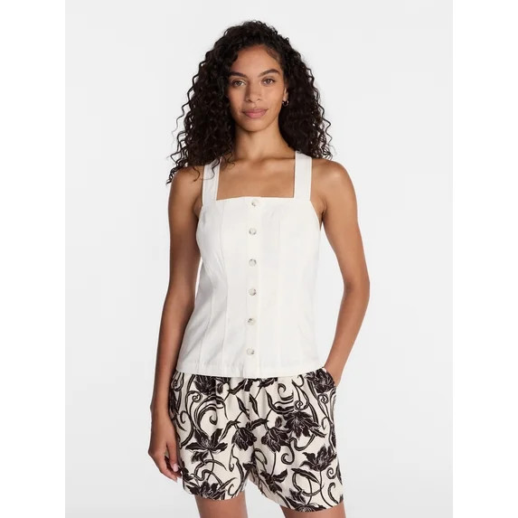 Time and Tru Women's Linen Blend Button Front Tank Top with Adjustable Straps, Sizes XS-XXXL | Walmart (US)