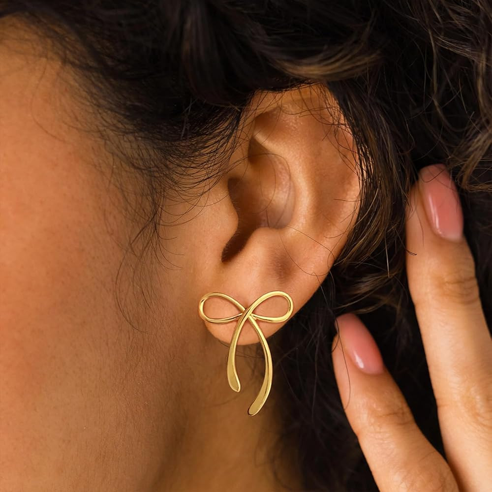 Gold Bow Earrings for Women - Dainty Cute Small Ribbon Dangle Drop Stud Earrings for Women, Trend... | Amazon (US)