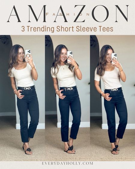 💥SALE on all tees & cropped jeans!! All under $12 & jeans 30% off! Amazon Trending basic capsule wardrobe tees Perfect for everyday, office, date night, layering or on their own.  They come in a ton colors.  wearing the smallest size available in all 3.  Stretchy belts that are amazing! Black cropped Jeans, size 0 short. These jeans are so soft and comfy!

#LTKover40 #LTKsalealert #LTKfindsunder50