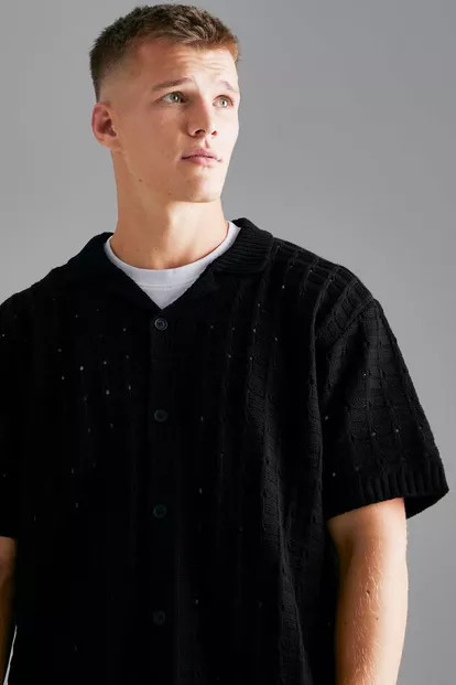 Tall Open Stitch Button Down Knitted Shirt | Boohoo.com (US & CA)