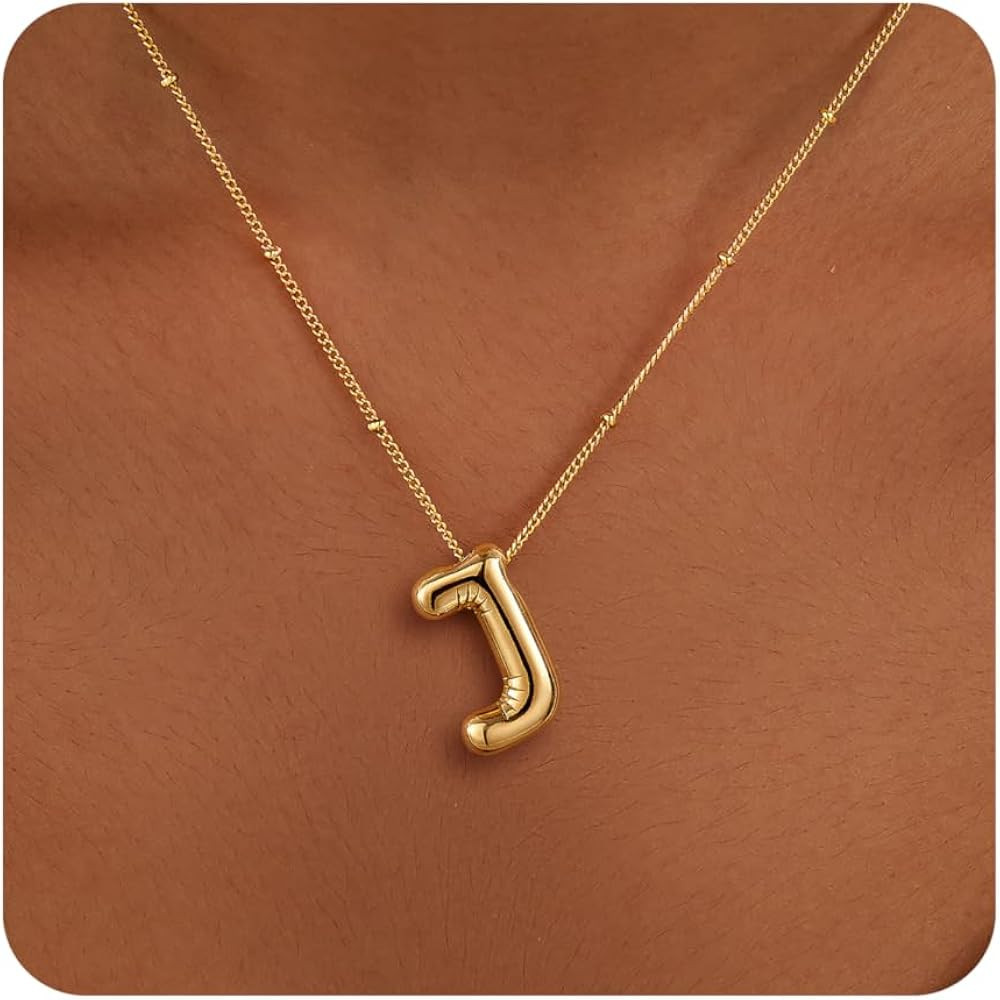 Gold Bubble Letter Necklace Initial Necklaces for Women, Chunky 14K Plated Balloon Initials, Tren... | Amazon (US)