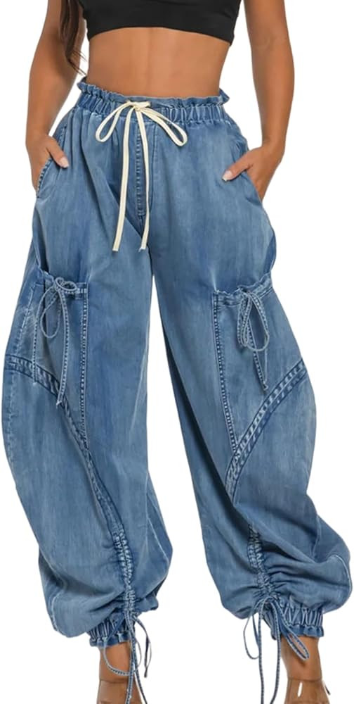 Unybwonn Women Baggy Barrel Jeans High Waisted Y2k Drawstring Bow Tie Cargo Jean Retro Wide Leg A... | Amazon (US)