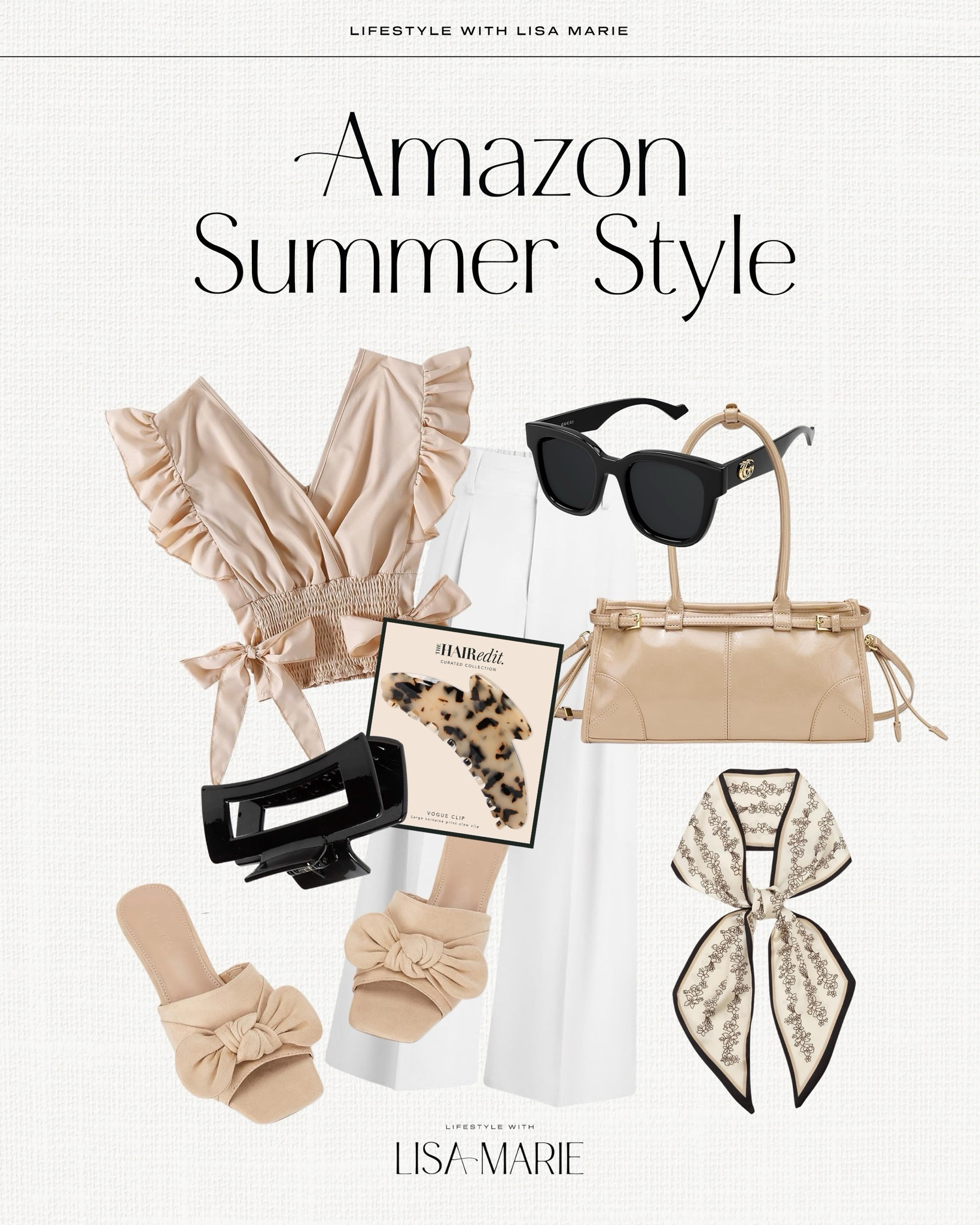 Amazon summer style, but make it sophisticated! The perfect elevated casual outfit for brunch, a business lunch or date night. Designer sunglasses. Ruffled sleeve tops. High-waisted white trousers. Beige purses, handbags, wedgets and heels. Hair clips, scarves and accessories. 


#LTKPetite #LTKSeasonal #LTKWorkwear