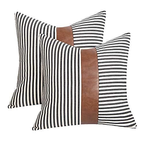 Farmhouse Decoration Pillow Covers 18x18 inch Set of 2 Modern Faux Leather and Ticking Stripe Pil... | Walmart (US)