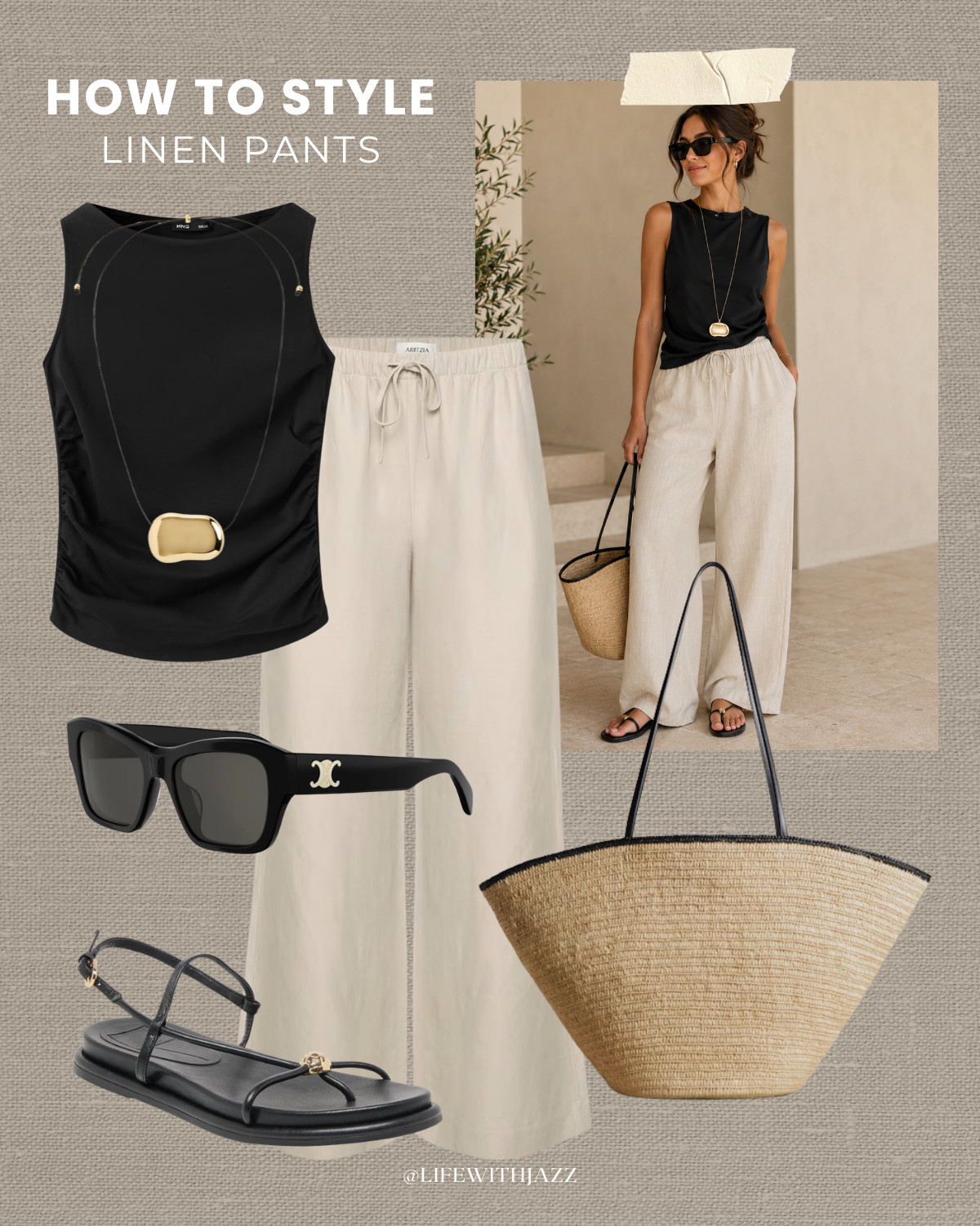 how to style linen pants for summer 

aritzia lodge linen pants / cute summer tops / boxy cut tanks / strappy sandals / chic sunglasses / heaven mayhem necklace / straw tote bags / beaded purses / lunch outfit / dinner outfit / minimal and chic style

#LTKootd #LTKSeasonal