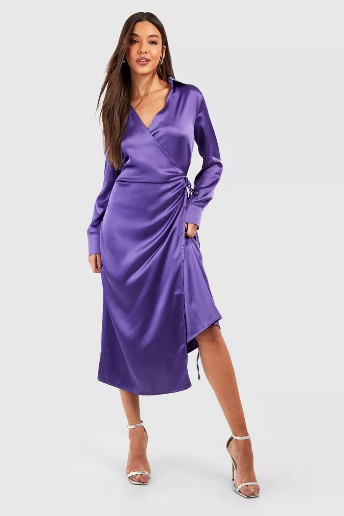 Satin Wrap Shirt Midi Dress | boohoo (US & Canada)