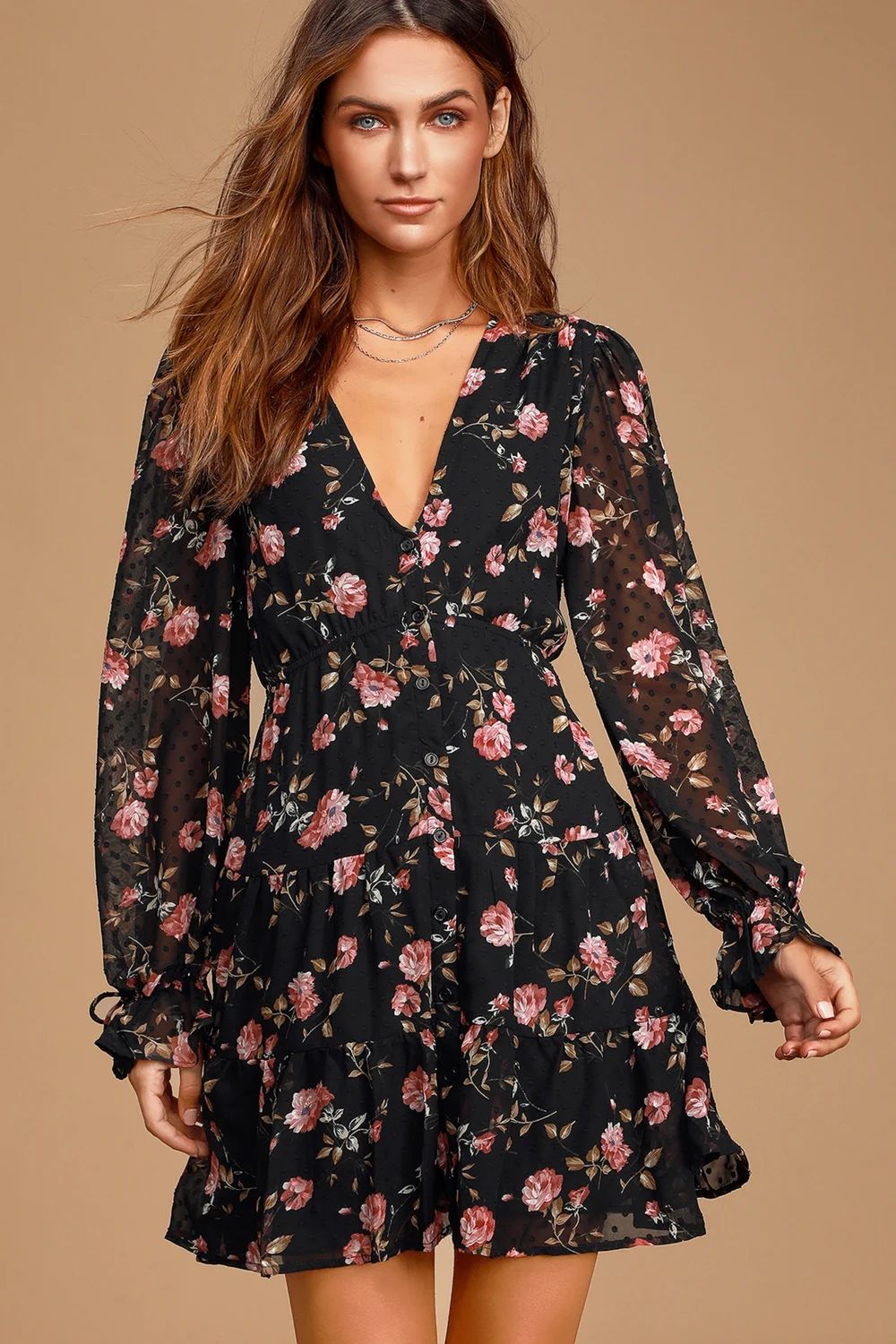 Fleur-ty Girl Black Floral Print Long Sleeve Babydoll Dress | Lulus