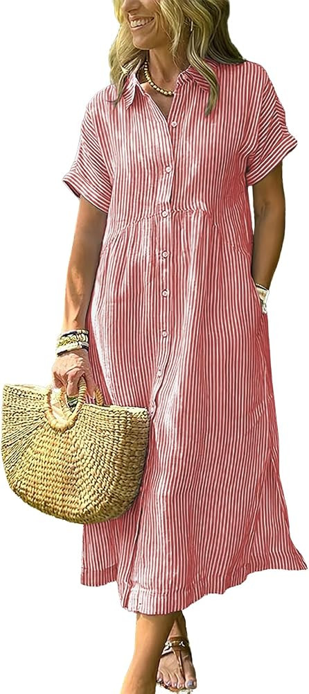 ebossy Women's Boho Striped Shirt Dress Button Up Side Slit Loose Mid Long Cotton Dress with Pock... | Amazon (US)