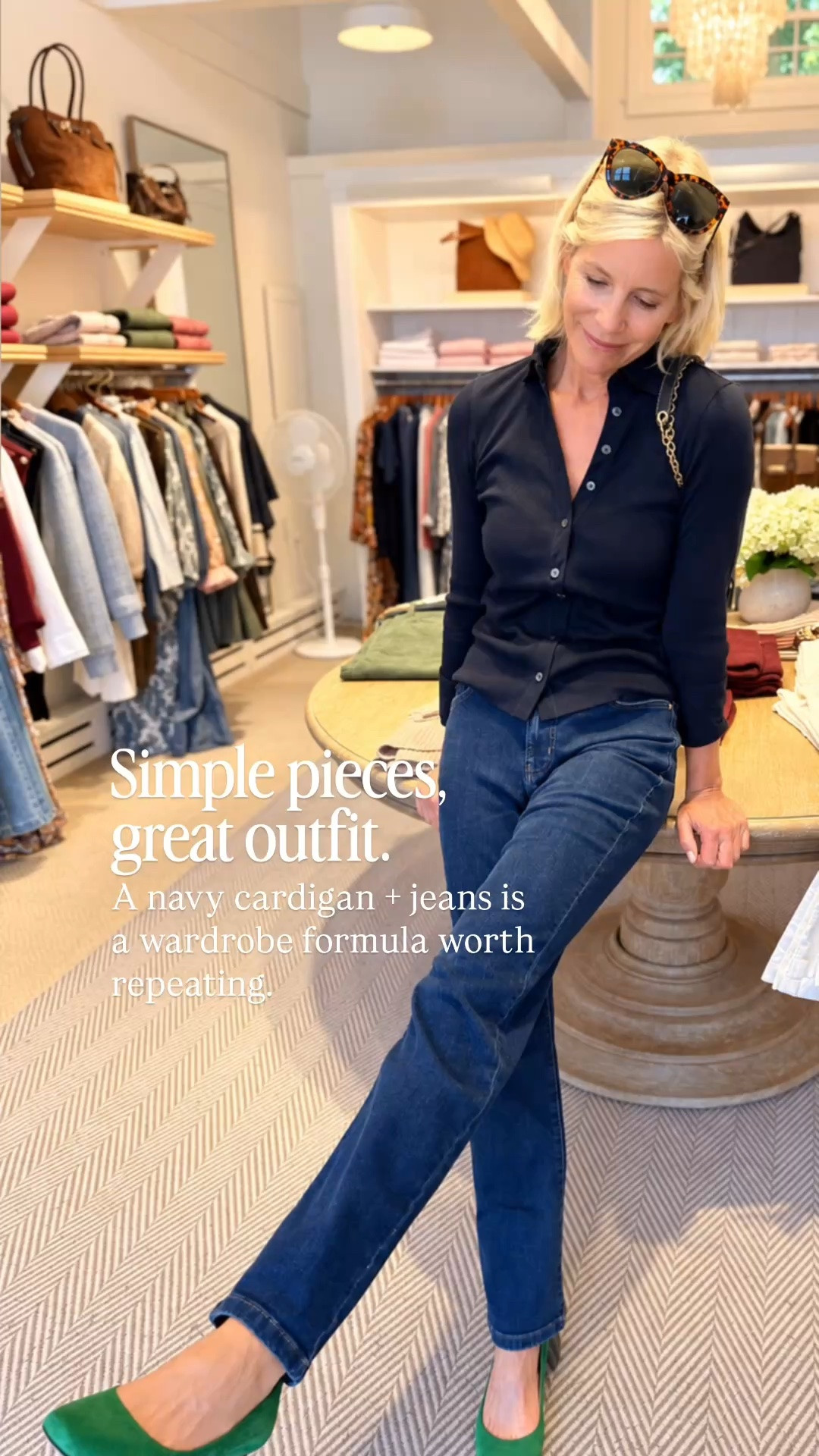 This is one of those easy outfits that just works. A classic navy cardigan with dark denim keeps the look polished and timeless, while the green shoes add the perfect pop of color. Perfect for shopping, lunch, travel, or a casual day out.

👩‍💻 LTK PRO TIPS
❤️ Heart = Support my posts ;-)
🔖 Save = Get sale & restock alerts for the things you love!
📋 Lists = Keep favorites organized (List ideas: Christmas, Birthdays, and Vacations!)
📲 Share = Send lists and products to a friend (or your daughters like me).
💬 Comment = Ask me anything, and I’ll answer. ;-)

#LTKootd #LTKSeasonal #LTKOver40