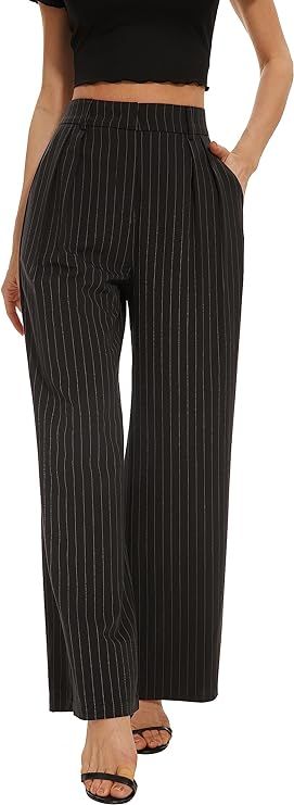 Women's Casual Striped High Waisted Wide Leg Pants Elastic Waist Loose Fit Trousers | Amazon (US)