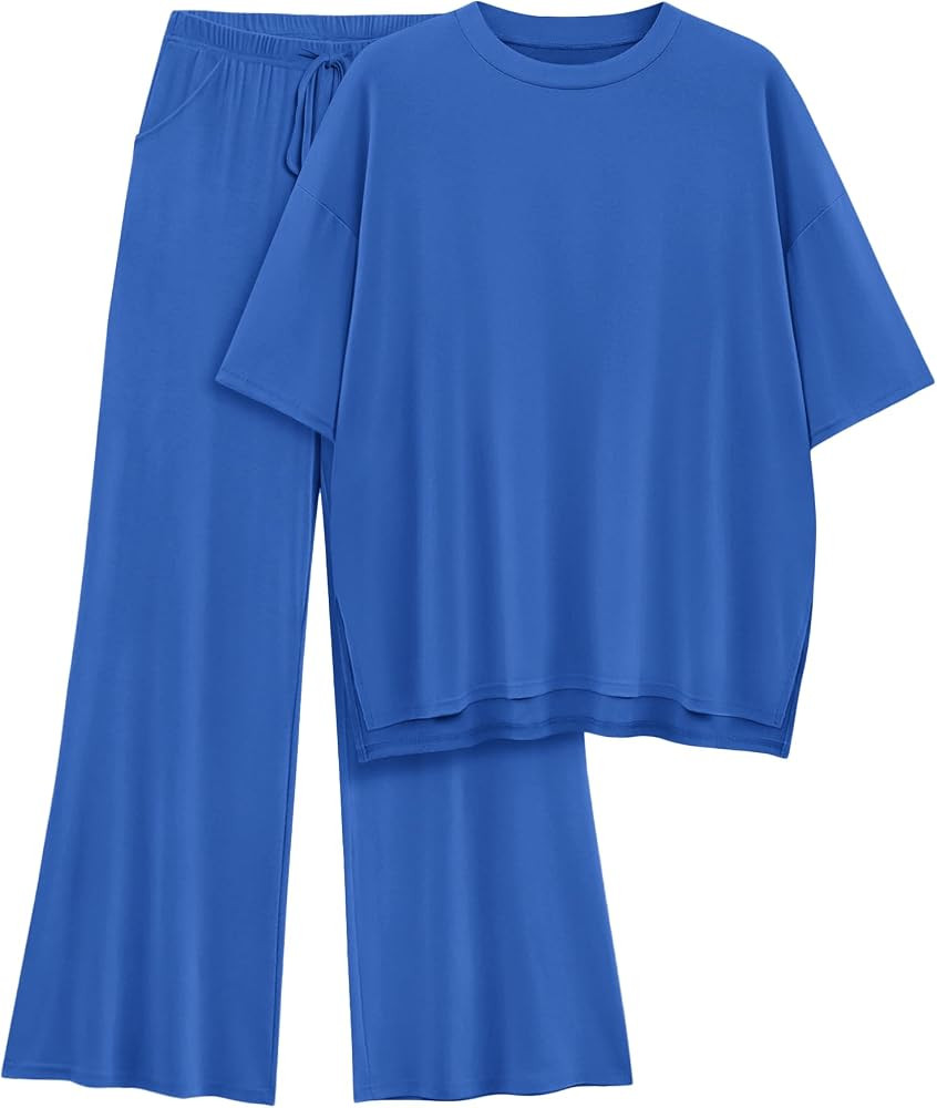 Womens Lounge Set 2026 Summer 2 Piece Outfits Oversized Short Sleeve Tops & Wide Leg Pant Matchin... | Amazon (US)