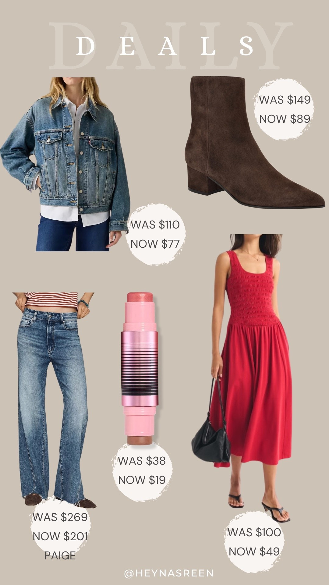 Daily deals on Levi’s 90s trucker jacket, Nine West boots, Abercrombie dress, DIBs duo stick, Paige anessa jeans