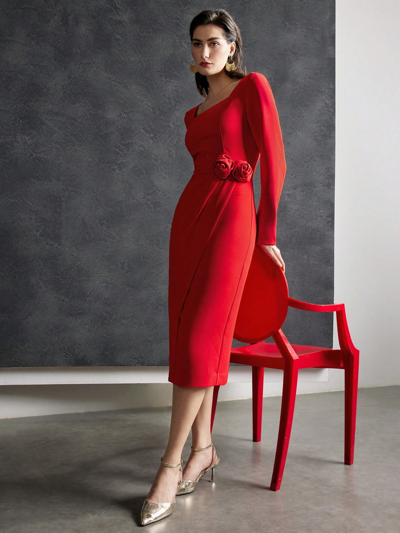 MOTF PREMIUM WRAP ROSETTE APPLIQUE DRESS | SHEIN