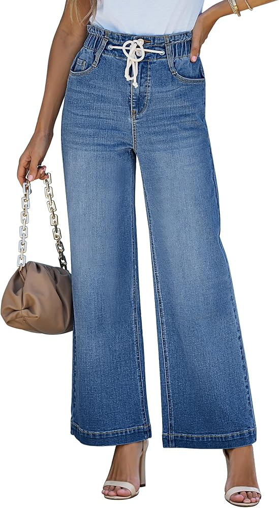 LookbookStore Womens Jeans Wide Leg High Waisted Trendy Elastic Wasit Drawstring Stretch Denim Pa... | Amazon (US)