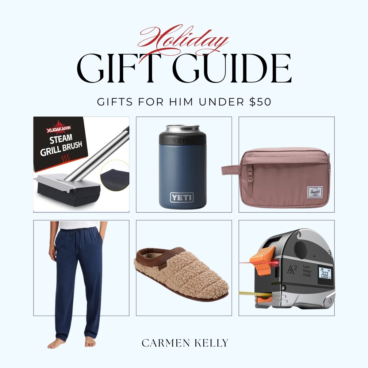 If you’re shopping for the men in your life—husbands, sons, dads, brothers, coworkers—these budget-friendly finds are always a hit! I rounded up practical, fun, and everyday favorites he’ll actually use (and not toss in a drawer 😅). ✨ Gifts Under $50:
• Steam grill brush for the guy who loves to grill
• YETI can insulator
• Herschel toiletry bag
• Soft lounge pants
• The coziest slippers
• Laser tape measure (perfect for DIYers!)

These are easy, affordable, and perfect for stocking stuffers, small gifts, or wrapping under the tree. Tap to shop and save these for later! 🎄✨

#GiftsForHim #HolidayGifts #Under25Gifts #Under50Gifts #StockingStuffers #CarmenKellyStyle #GiftGuide2025

#LTKGiftGuide #LTKMens #LTKFindsUnder50