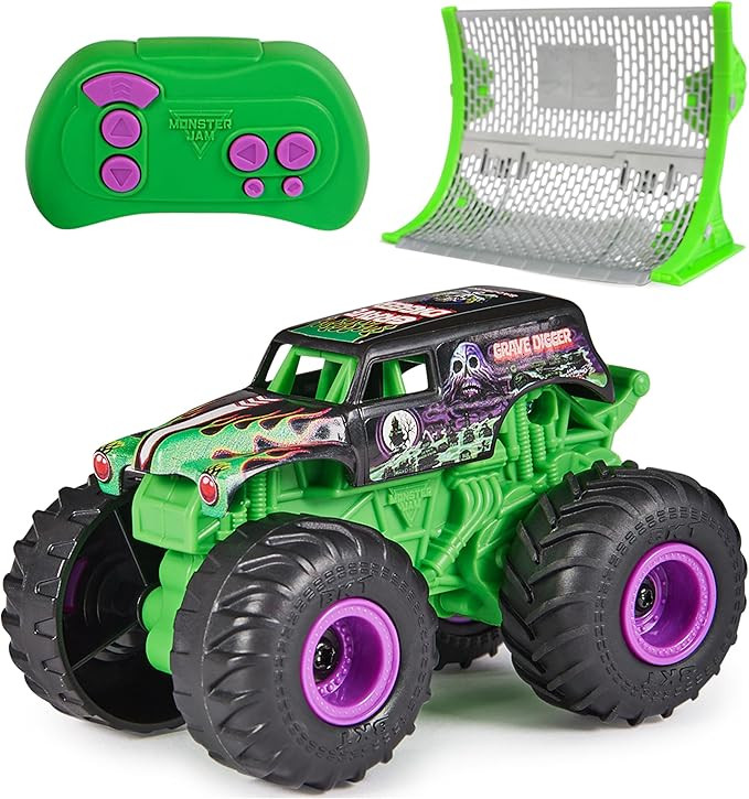 Monster Jam, Official Grave Digger Remote Control Monster Truck with Ramp, Small 1:64 Scale RC Ca... | Amazon (US)