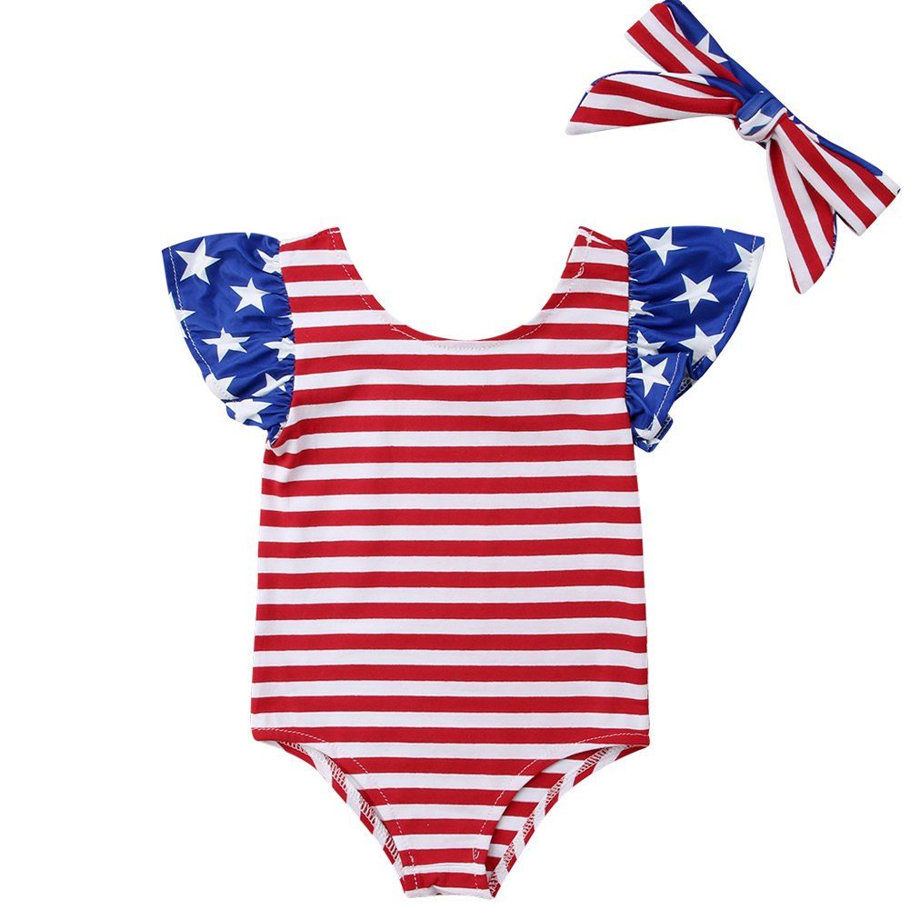 Infant Baby Girls 4th Of July Outfits Short Sleeve Stripes Romper With Headband | Walmart (US)