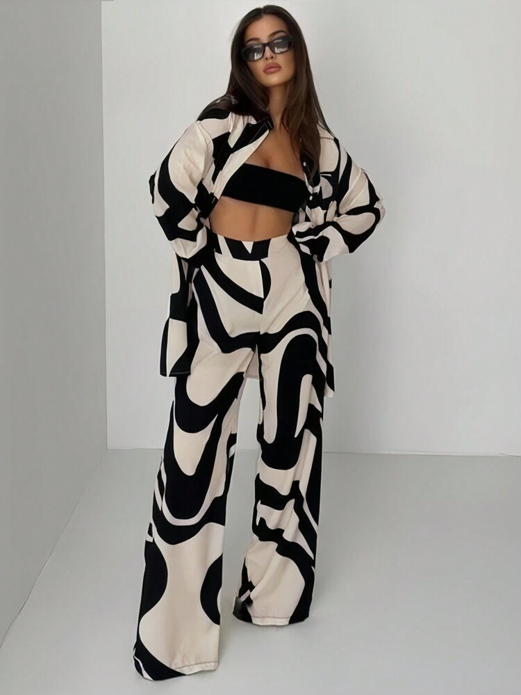 Women's Fashion Casual Color Block Print Long Sleeve Shirt And Pants Suit Spring | SHEIN