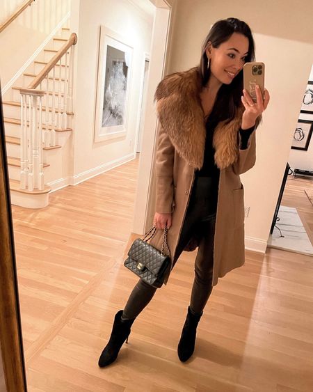 Kat Jamieson of With Love From Kat wears a winter outfit. Vintage coat, similar linked below! V neck bodysuit, faux leather leggings, black suede booties, Chanel bag, classic style, neutral style. 

#LTKitbag #LTKSeasonal #LTKstyletip