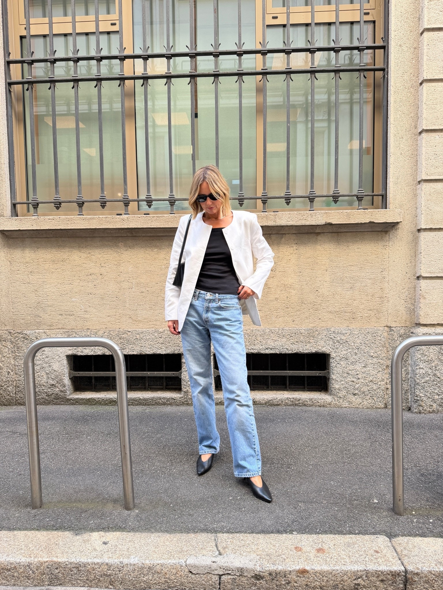 OOTD 

street style, elegant casual, monochrome with denim, classic wardrobe staples, timeless style, French girl style, collarless jacket, city outfit, walking around Europe, effortless elevated, minimalist fashion, texture play, gold jewellery, understated luxury, tailored casual, crisp white, blue and black palette, everyday chic, ltkstyletip, ltkseasonal, ltkfindsunder100, ltkitbag

#LTKFashionMonth #LTKtravel #LTKjeans