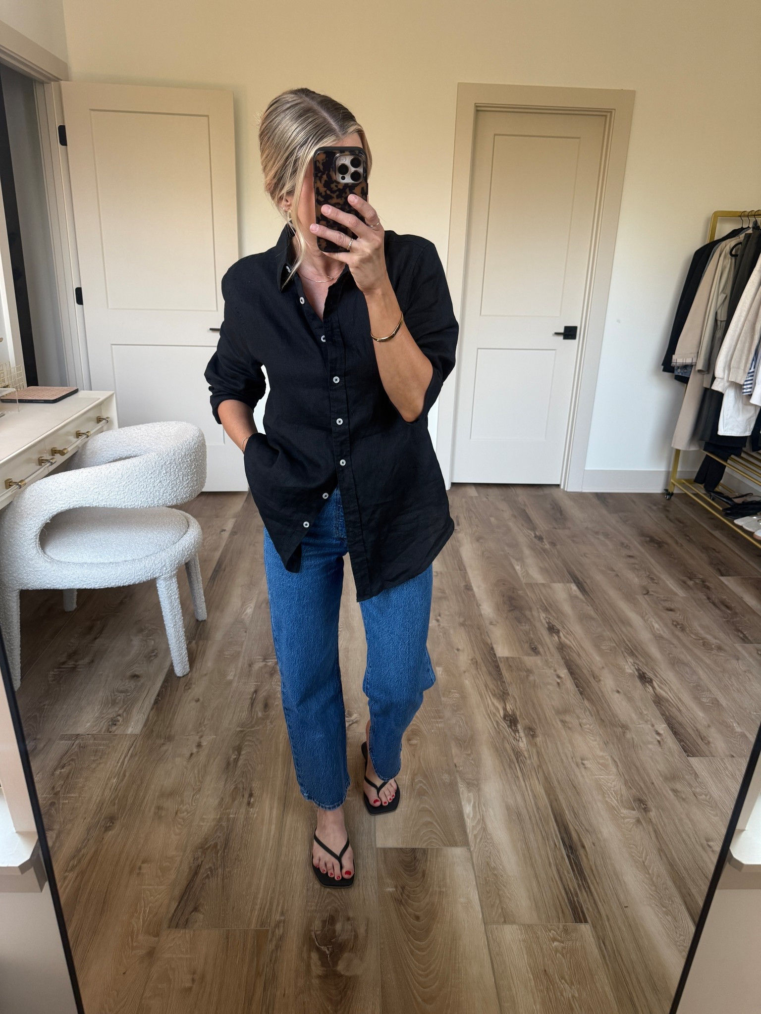 Wearing large linen shirt (sized up for oversized/relaxed fit), 26 jeans (27 inseam), sandals tts 

#LTKOver40 #LTKootd #LTKgrwm