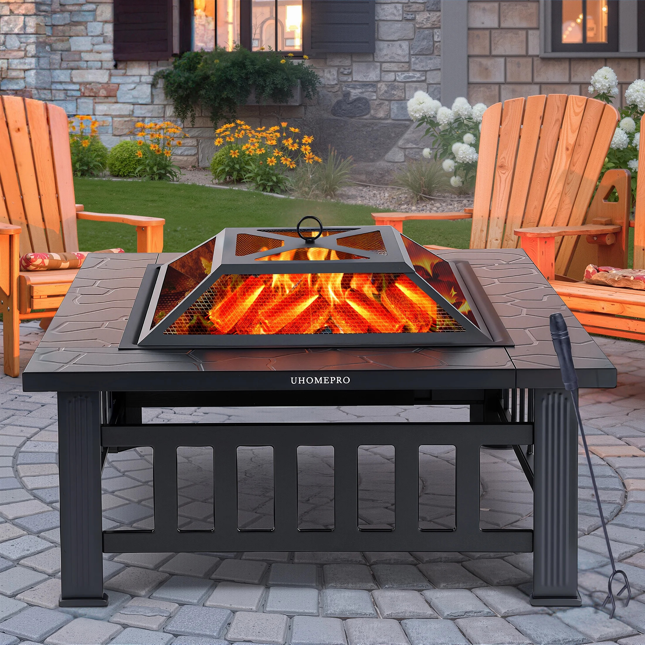 Fire Pits for Outside, 32" Wood Burning Fire Pit Tables with Screen Lid, Poker, BBQ Net, Ice Tray... | Walmart (US)