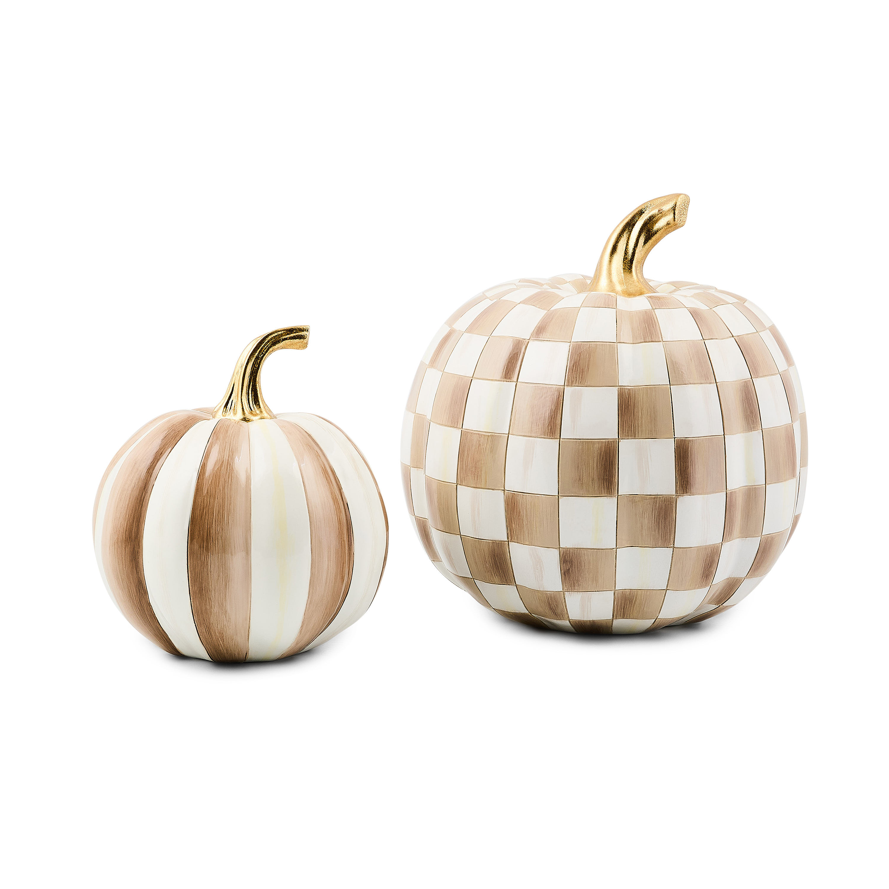 MacKenzie-Childs Classic Mocha Stripe Small & Check Medium Pumpkin Set | MacKenzie-Childs