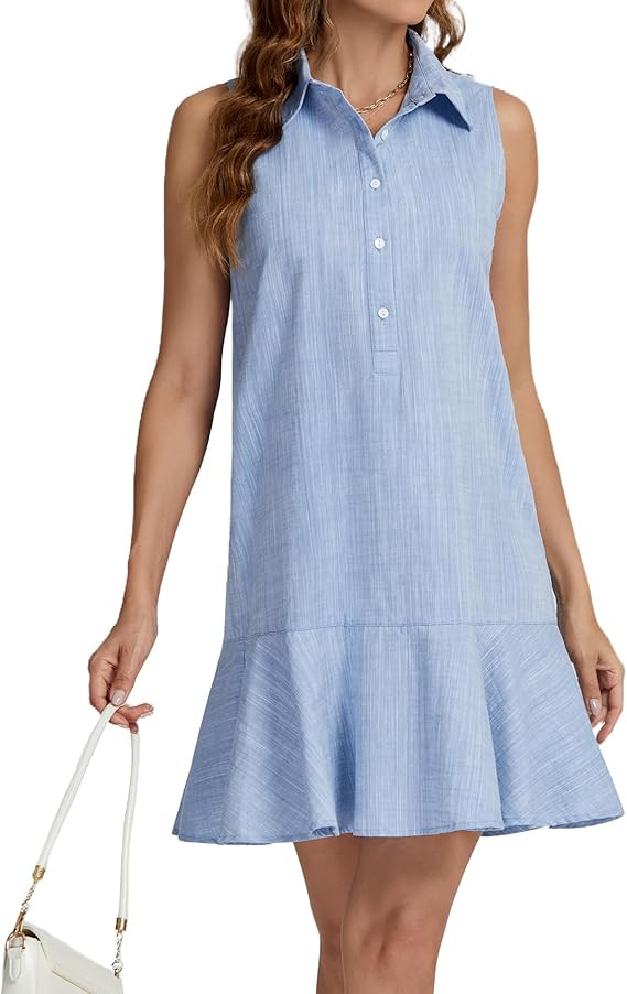 Women‘s Sleeveless Shirt Dress Ruffle Hem Cotton Tunic Tank Dress Button Up Swing Shift Mini Dr... | Amazon (US)