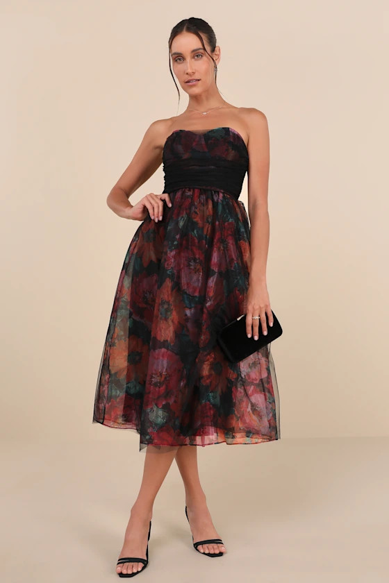 Splendidly Yours Black Floral Organza Mesh Strapless Midi Dress | Lulus