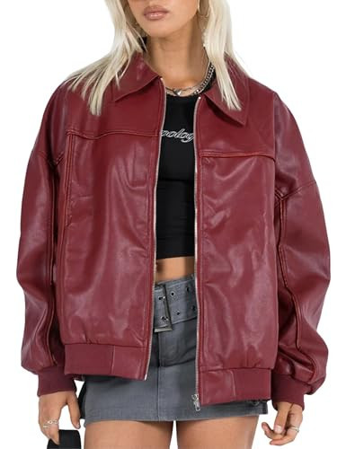 EsheSy Women's Oversized Leather Jacket Faux Suede Boyfriend Motorcycle Full Zip Bomber Jacket(Burgundy-S) | Amazon (US)