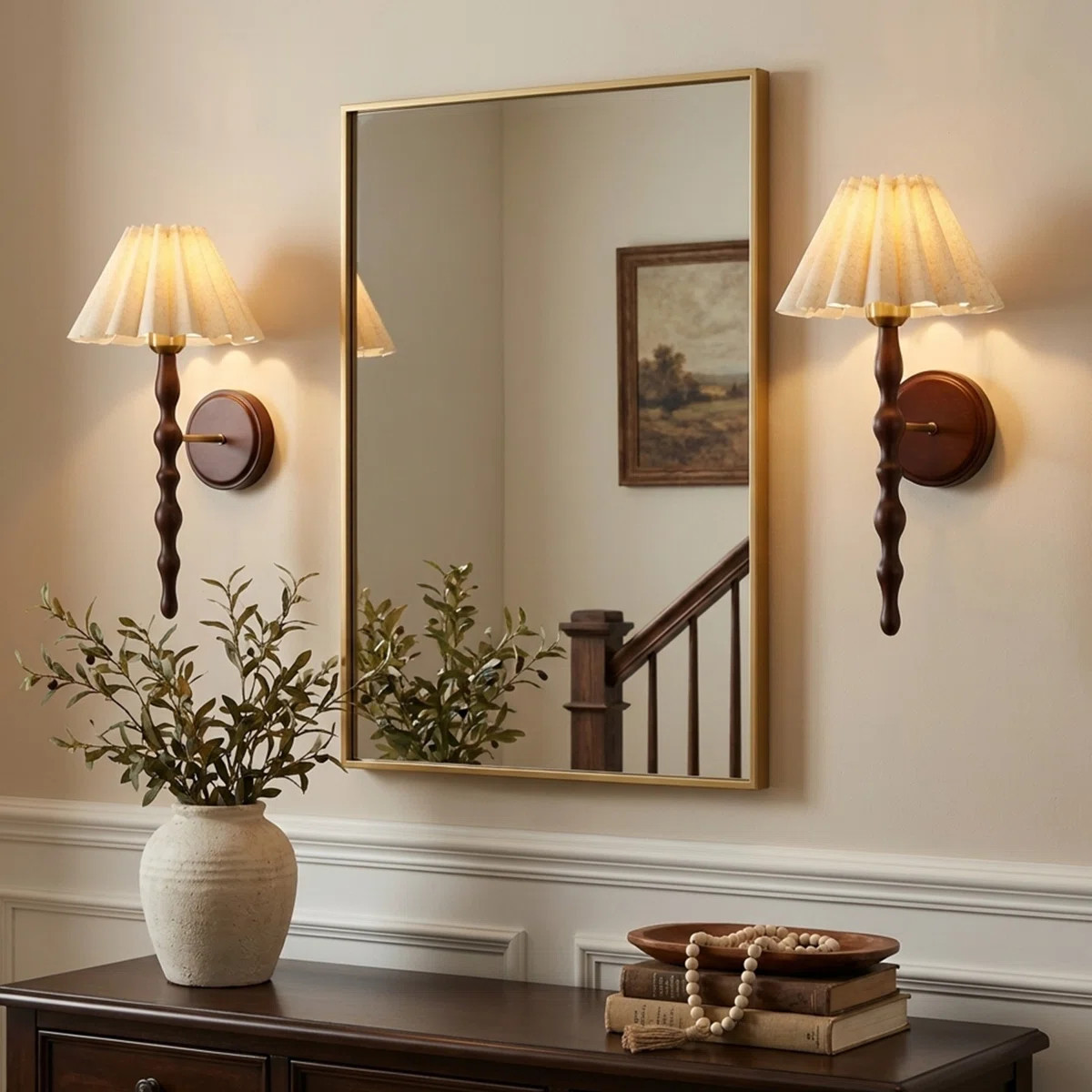Vintage Wall Sconce with Linen Shade, Faux Wood Metal Arm (Set of 2) | Wayfair North America