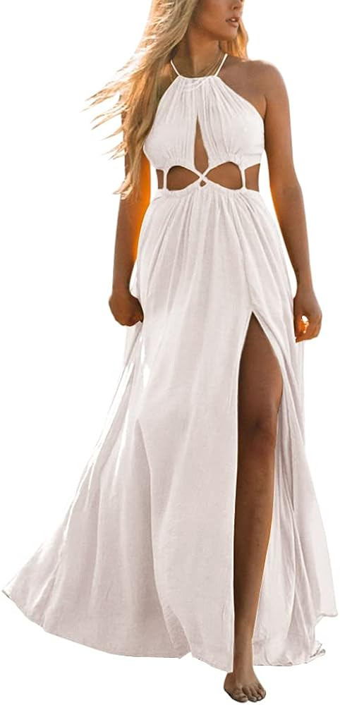 Womens Cutout Halter Tie Maxi Dress Flowy Boho Beach Summer Sexy Midi Dress Side Slit Long Dresse... | Amazon (US)
