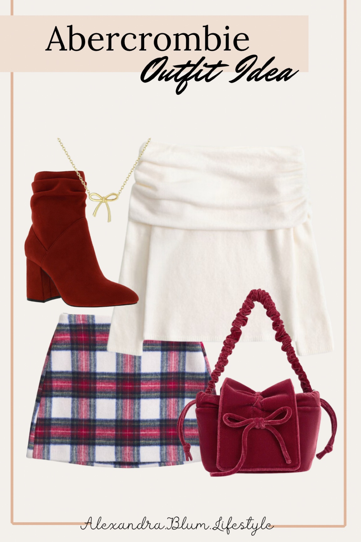 Abercrombie outfit idea! Winter outfit idea! Date night outfit idea! Plaid skirt outfit! Off the shoulders white top with a plaid mini skirt, red burgundy booties, bow necklace, and a red velvet handbag from Amazon! Holiday outfit! Christmas outfit! Holiday party outfit! 


#LTKItBag #LTKHoliday #LTKFindsUnder100