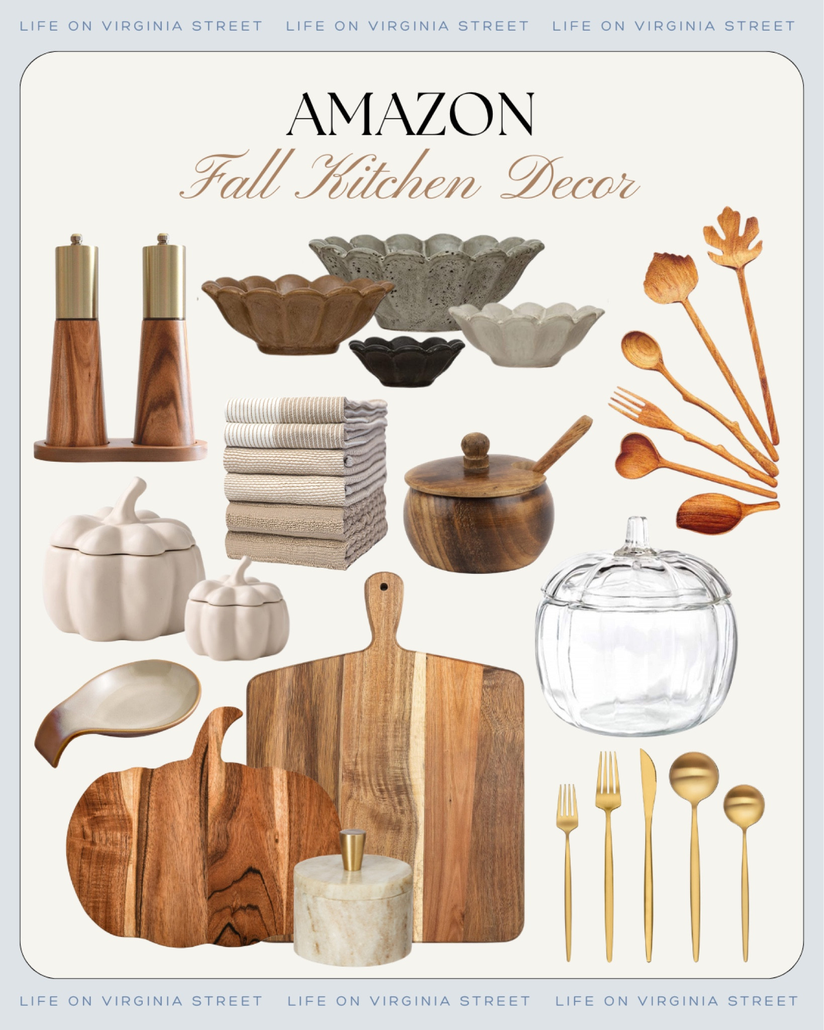 Loving these neutral fall kitchen decor finds! So perfect for adding a cozy touch to your kitchen in the autumn months! Includes scalloped bowls, leaf utensils, pumpkin bowls, wood serving boards, a glass pumpkin jar, wood and brass salt and pepper grinders and more!
.
#ltkhome #ltkfindsunder50 #ltkseasonal #ltkfindsunder100 #ltkstyletip #ltksalealert 

#LTKHome #LTKFindsUnder50 #LTKSeasonal