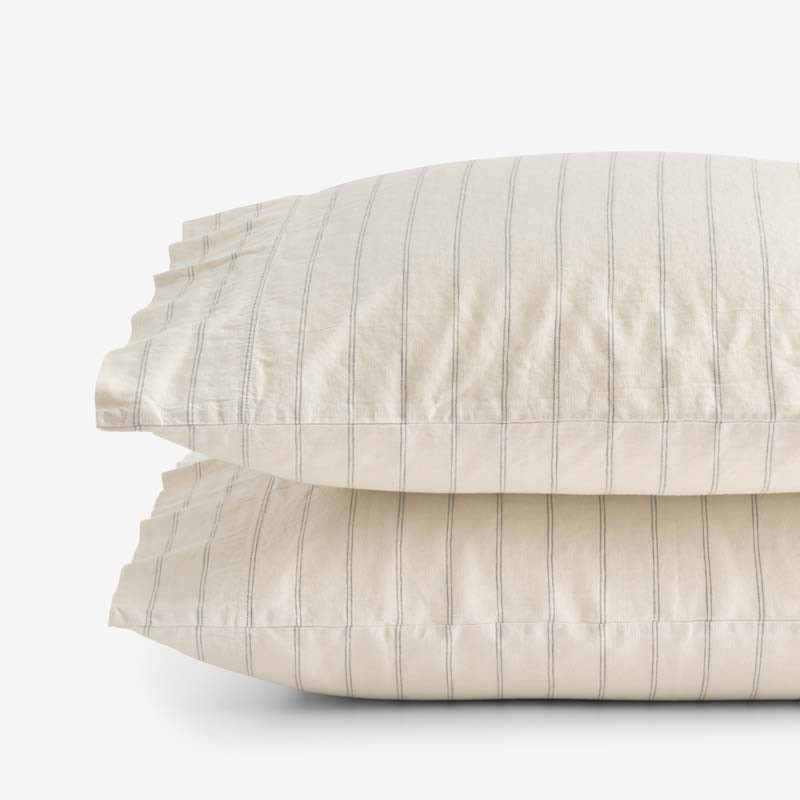 Tailored Stripes and Plaids Premium Breathable Washed Linen Cotton Pillowcase Set - Stripe Dark O... | The Company Store