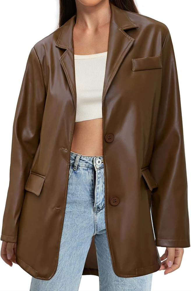 American Trends Womens Oversized Leather Jacket Faux Leather Blazer Fashion Clothes Lapel Outfits | Amazon (US)