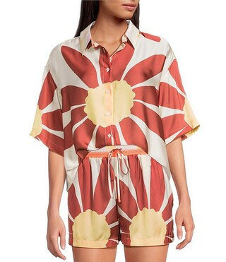 Gianni Bini Charlie Point Collar Short Sleeve Button Front Printed Satin Coordinating Blouse | Di... | Dillard's