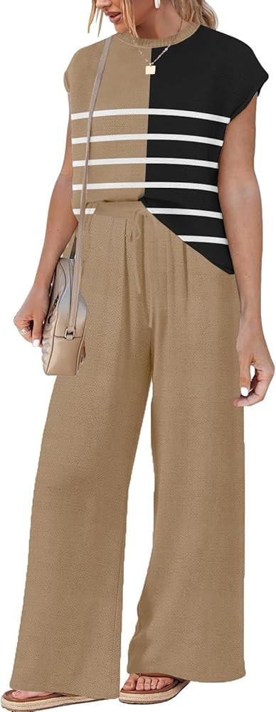 2 Piece Outfits for Women Casual Dressy Knit Lounge Sets Cap Sleeve Tops and Elastic Waisted Pant... | Amazon (US)