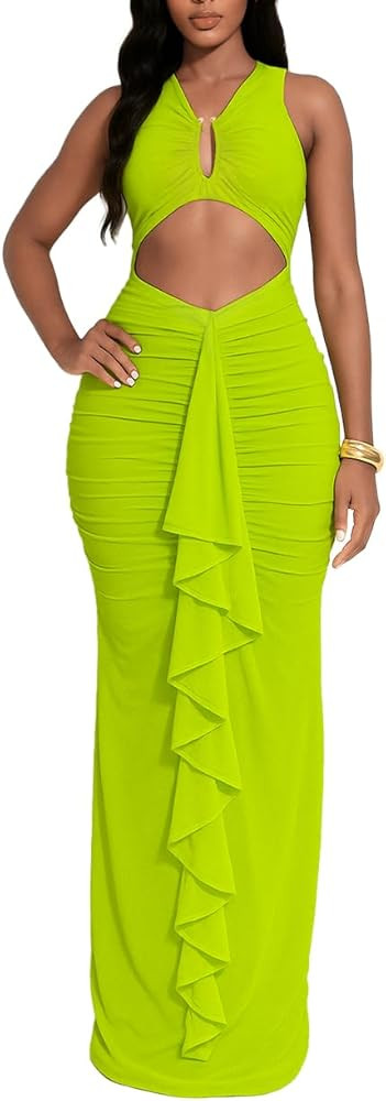 HWP Women Sexy Ruffle Midi Dresses V Neck Bodycon Sleeveless Ruched Club Date Night Dress Cut Out... | Amazon (US)