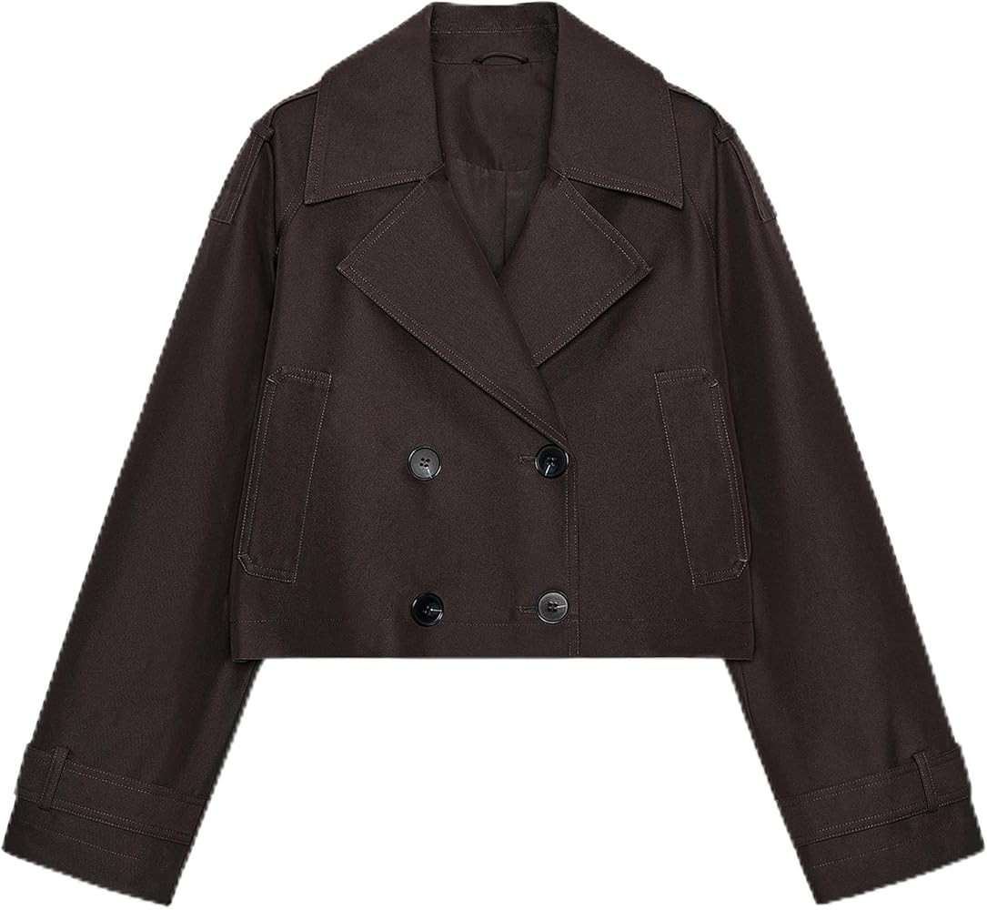 Hixiaohe Cropped Trench Coat for Women Trendy Double Breasted Lapel Long Sleeve Short Jackets Cas... | Amazon (US)