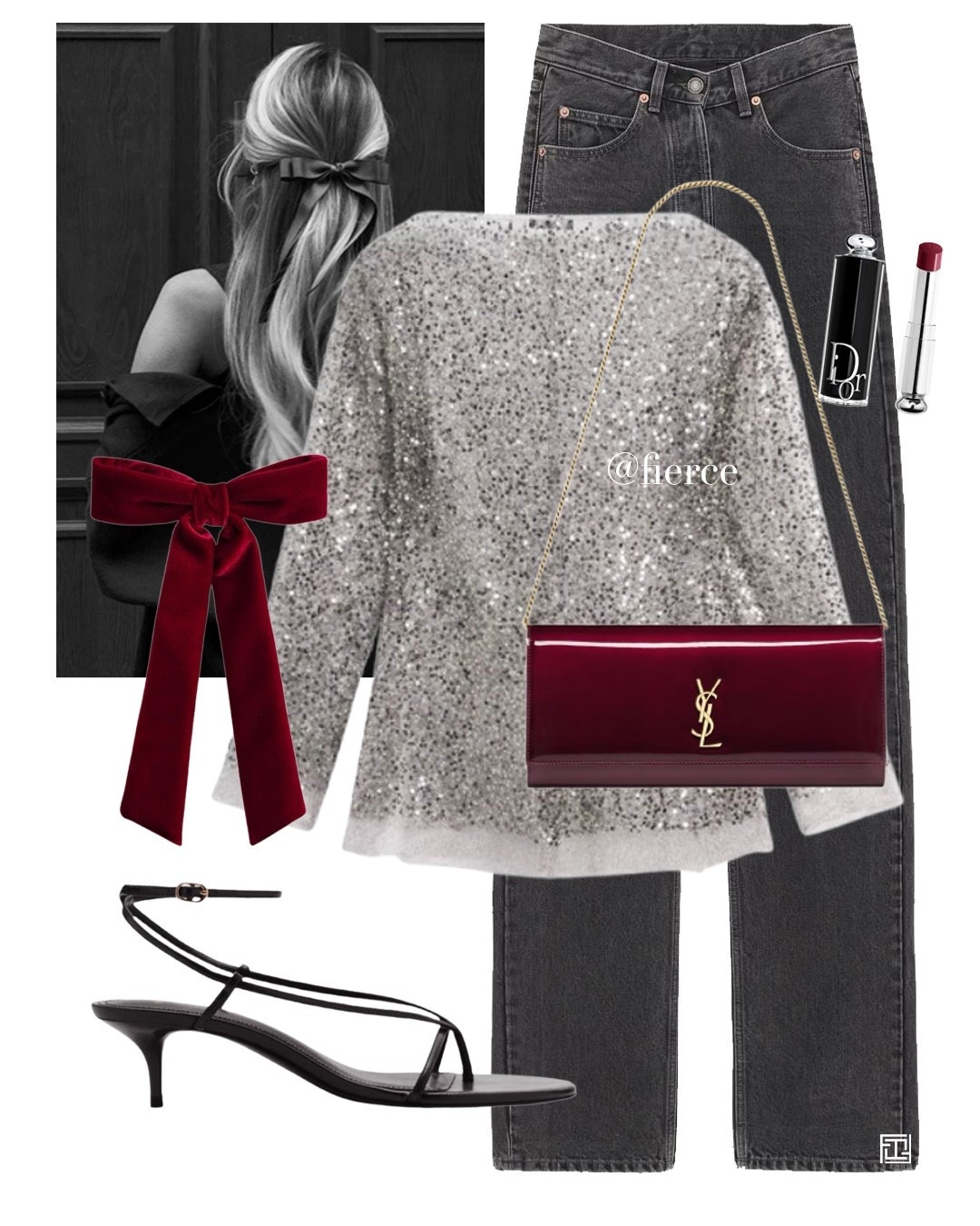 Silver sequin long sleeve top vintage grey jeans red burgundy clutch bag black heeled strappy sandals burgundy red hair bow 

#LTKpartywear #LTKuk #LTKdatenight