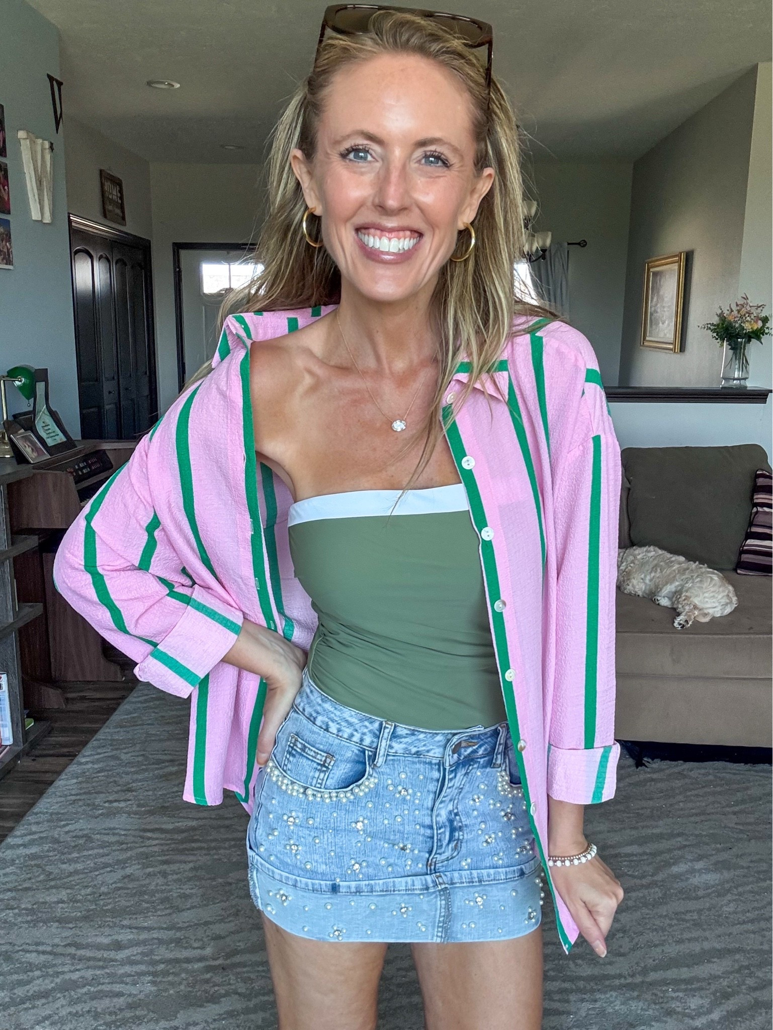 Loving this summer look! 🩷 The pink and green striped lightweight top makes a perfect coverup and this Pearl embellished denim skirt is so cute! Wearing a small in everything.

As an Amazon Influencer I earn commission on qualifying purchases.

Summer outfit inspo, mom style, retro style, 90’s style summer look, swim coverup, green swimsuit, one piece swimsuit, colorful summer fashion

#LTKSwim #LTKMidsize #LTKootd
