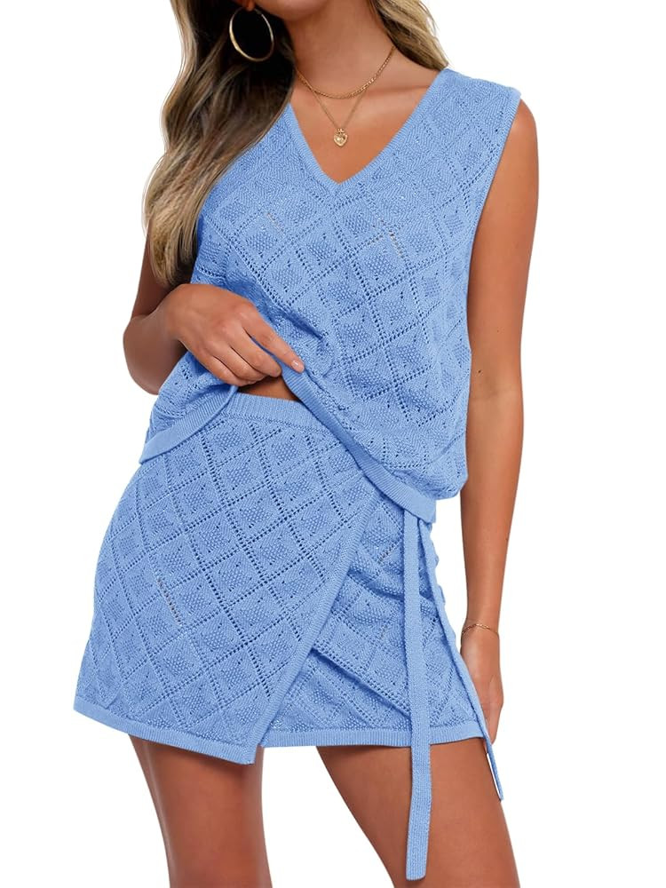 Fisoew Womens 2 Piece Crochet Swimsuit Cover Ups Sleeveless V Neck Tank Tops Wrap Skirt Sets Beac... | Amazon (US)