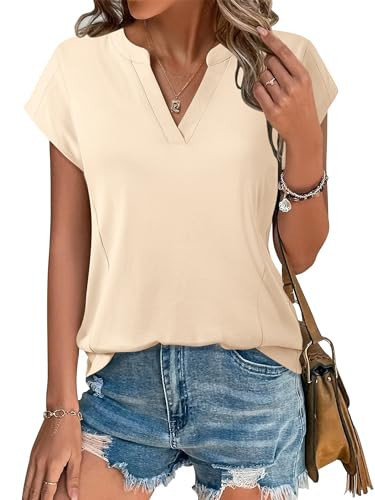 Unixseque Cotton+Blouses+for+Women+Dressy+Casual: Summer Tops for Women - Short Sleeve Shirts V Neck T-Shirts Dressy Casual Basic Tee Shirts for Women Sexy Casual Womens Office Attire Cream | Amazon (US)