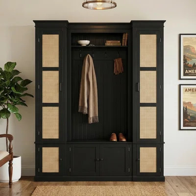 Farmhouse Hall Tree With Storage Bench - 4-In-1 Entryway Organizer, Shoe Cabinet, Coat Rack | Wayfair North America