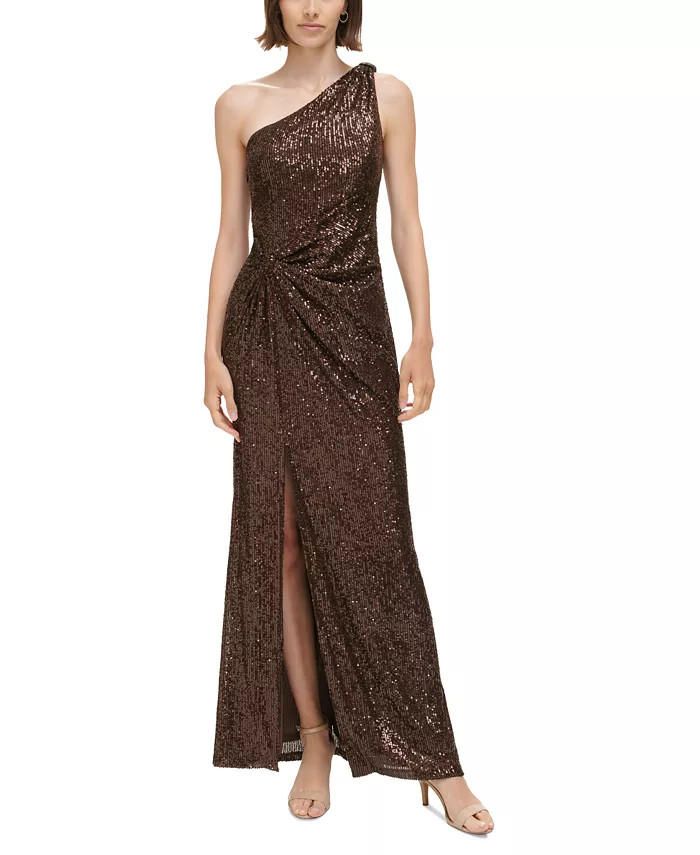 Women's Sequined One-Shoulder Side-Twist Gown | Macy's